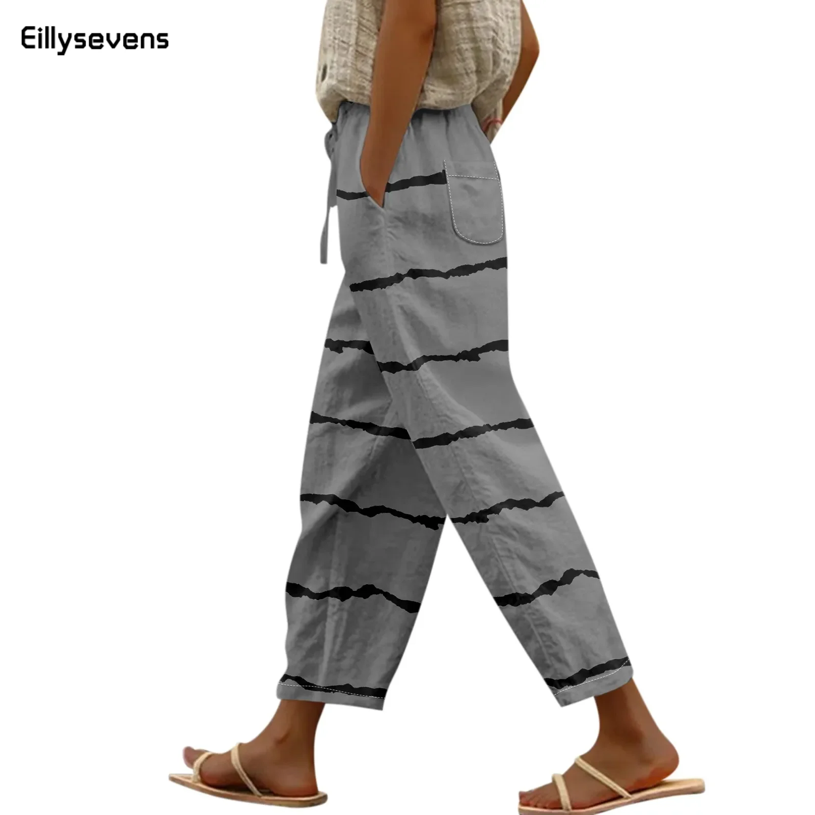 

Women Retro Striped Floral Print Casual Streetwear Harem Pants Female Trendy Drawstring Pockets Trousers Cotton Linen Pantalones