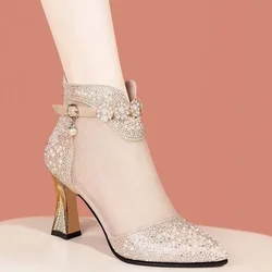 2024 Summer New Women Fashion Pointed Mesh Breathable Rhinestone High Heel Korean Style Comfortable Cool Boots for Women Sandals