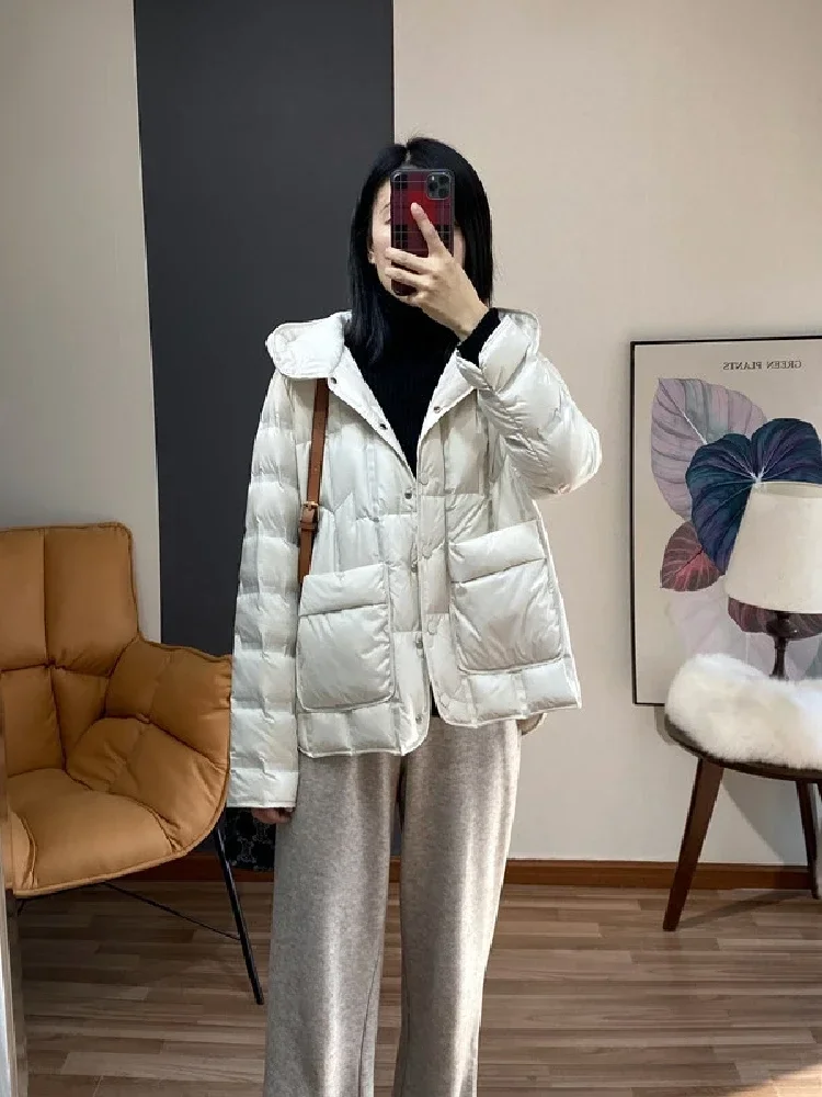 Top Grade Seamless Women Fashion Hooded Winter Puffer Jacket  90% White Duck Down Female Ultra Lightweight Casual Warm Parka