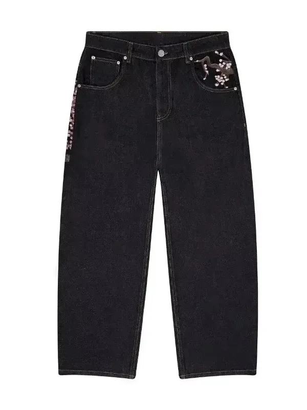 بنطال جينز كاجوال مطرز بالزهور للنساء مستقيم الساق من قماش الدنيم مريح l الخصر وسحاب للإغلاق متوسط الوزن باللون الأزرق #5