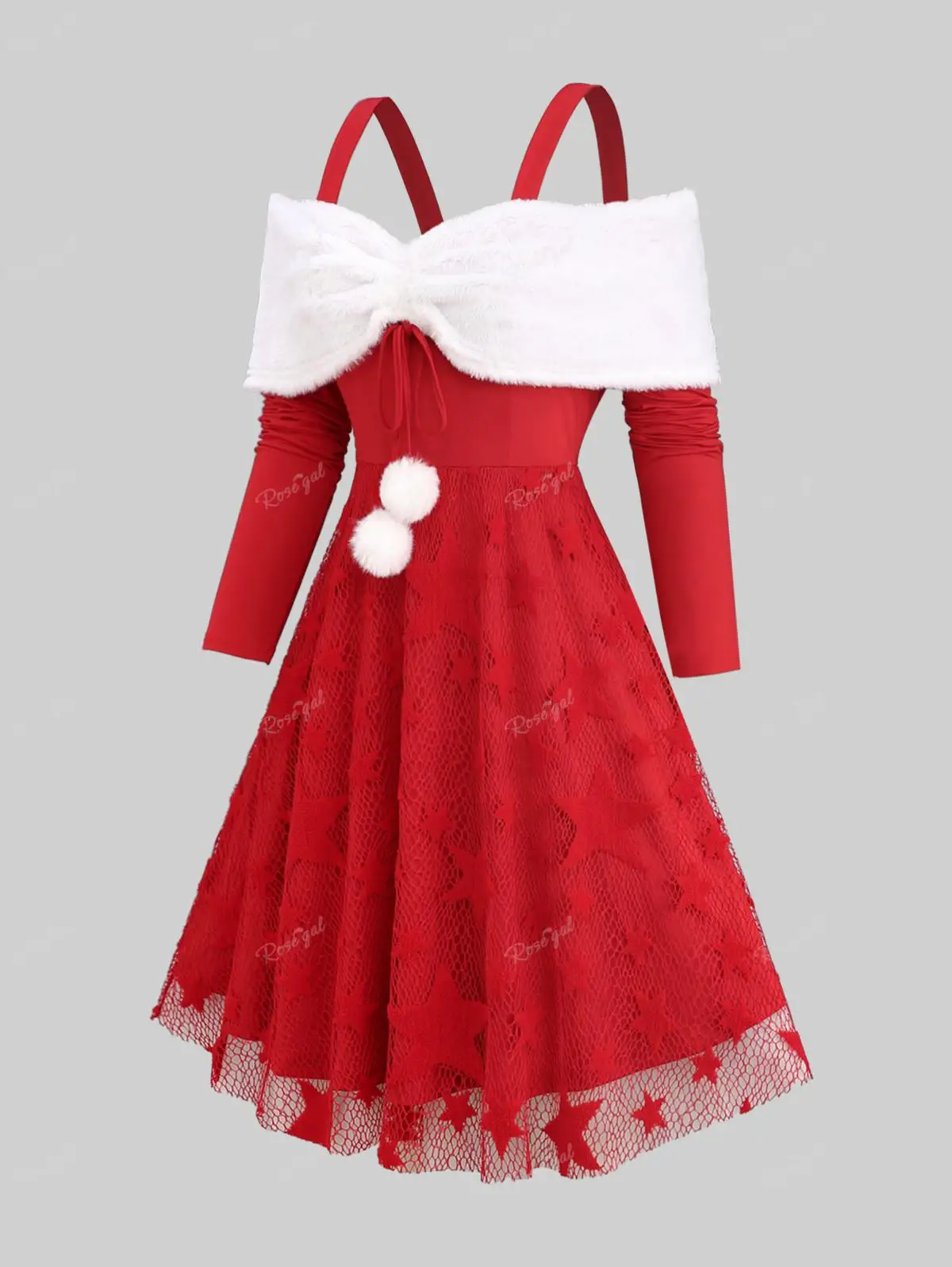 

ROSEGAL 2023 New Plus Size Christmas Dresses Star Lace Woolen Ball Cinched Cold Shoulder Dress Women Red Knee-Length Vestidos 5X