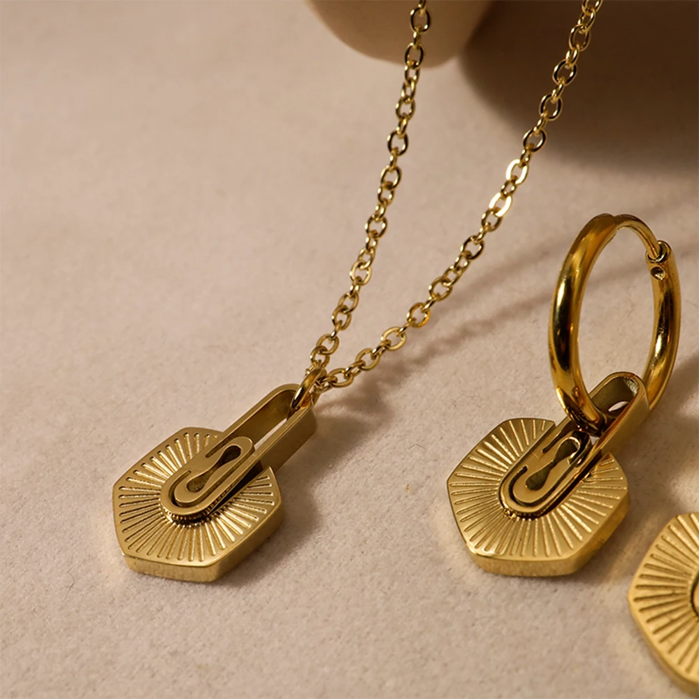 WILD & FREE Trendy Geometric Hexagonal Pendant Stainless Steel Necklace Vintage Drop Earrings Women Jewelry Set