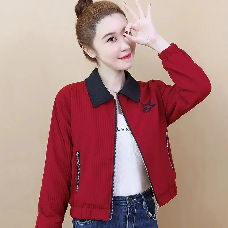 Spring Autumn Short Casual Jacket 2024 New POLO Collar Loose Women's Clothes Outeawer Solid Colour Fashion Zipper Coat Female