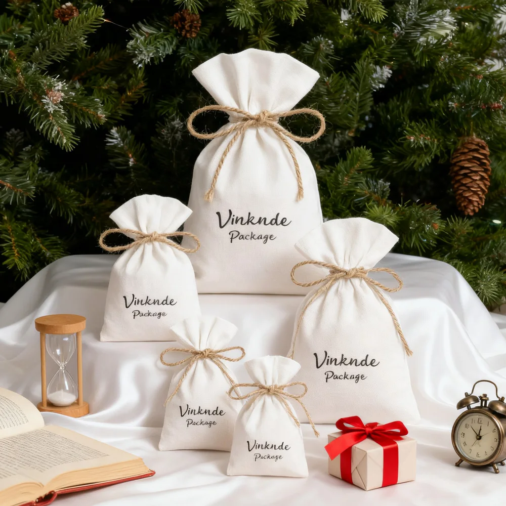 

Customized Logo White Cotton Drawstring Pouch Recyclable Christmas Wedding Dust Packing for Jewelry Earrings Premium Canvas Bags