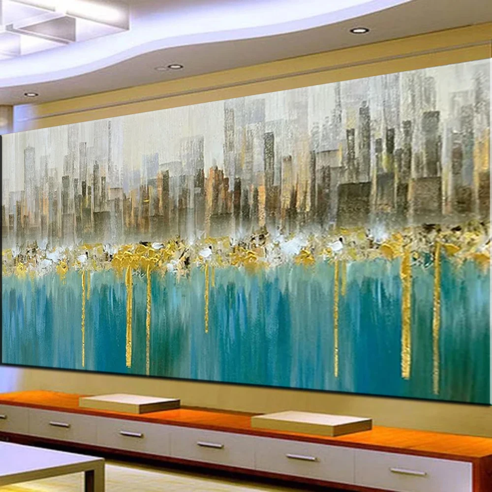 Large Diamond Painting Abstract Gray Building Urban Landscape,5D DIY Diamond Embroidery Modern Skyline,Golden Texture Painting