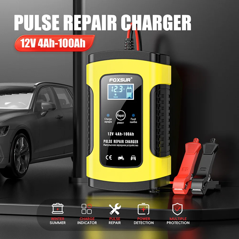 FOXSUR 3-stage 12V Car and Motorcycle Battery Charger Fully Intelligent Multi-functional Repair Battery Charger LCD Display