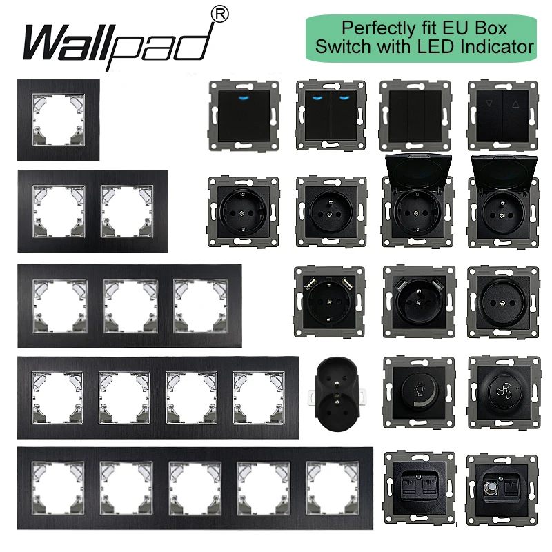 Enchufes de la UE e interruptores de botón con LED, caja libre DIY, marco negro cepillado de Metal, toma de corriente de TV, carga USB, 16A