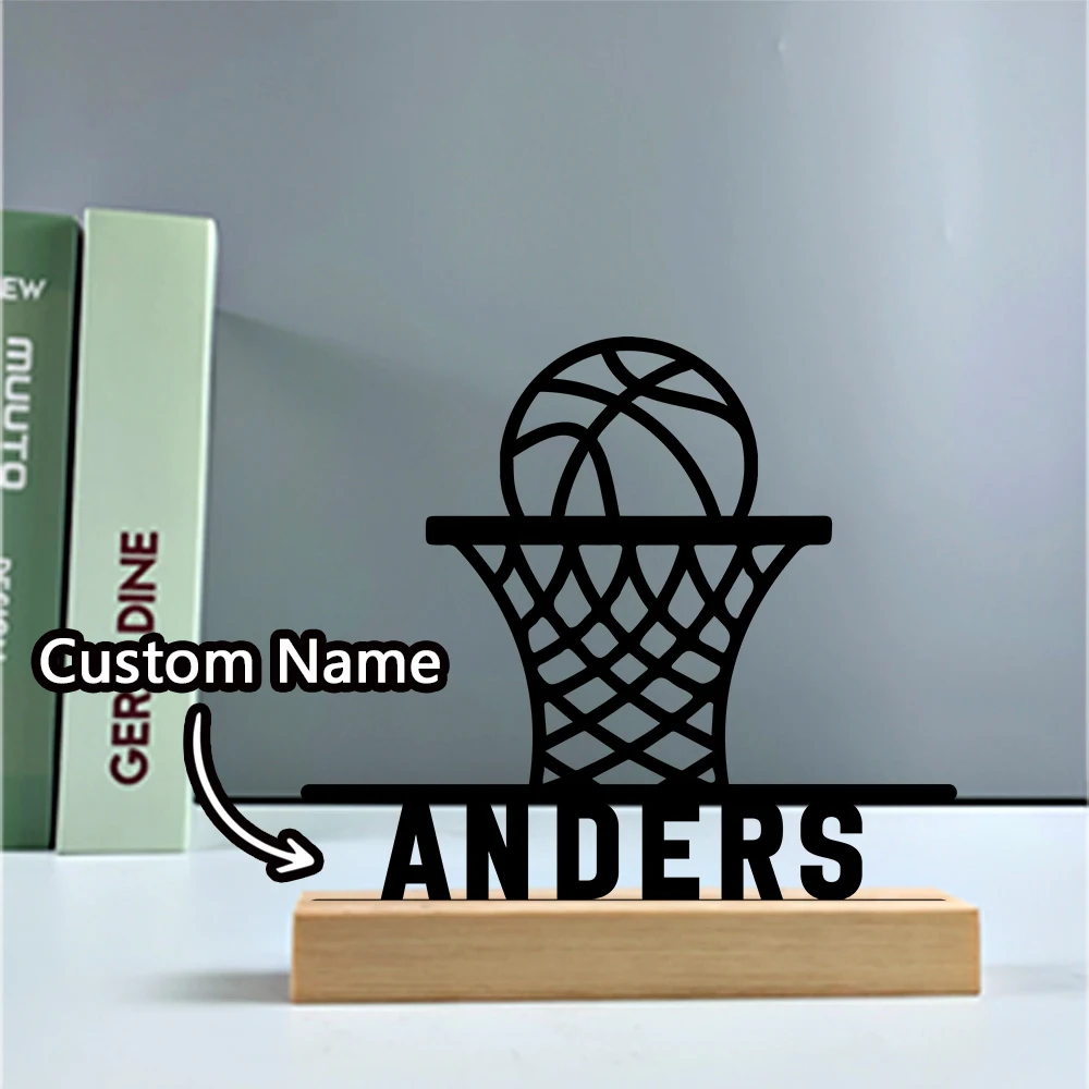 1pc Minimalist Personalized Basketball Text Art Crafts With Wood Base Iron Sculpture For Children Gifts