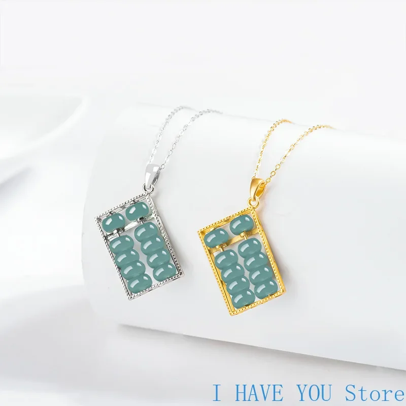 Natural A-grade Jade Fortune Seeking Abacus Pendant S925 Silver Inlaid Natural Pendant Men's and Women's Jade Necklace Jewelry