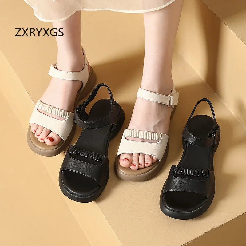 

ZXRYXGS 2026 Top Layer Cowhide Women Leather Sandals New Summer Plus Size Sandals Open Toe Comfort Soft Non-slip Flat Sandals