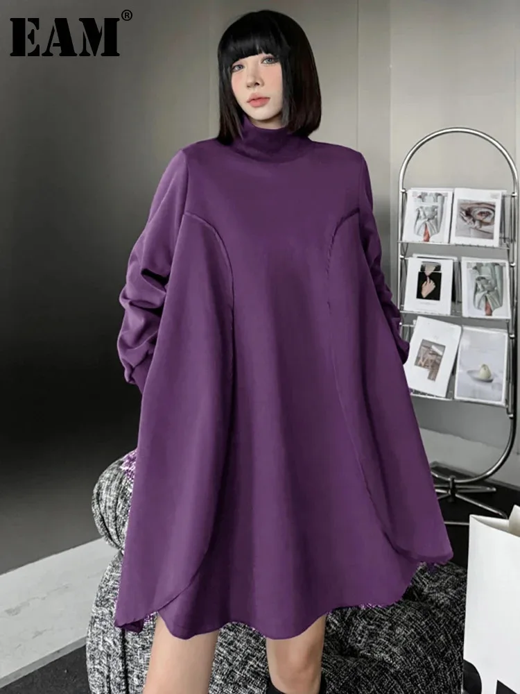 [EAM] Purple Brief Long Side Slit Sweatshirt New Turtleneck Long Sleeve Women Big Size Fashion Tide Spring Autumn 2023 1DH7236