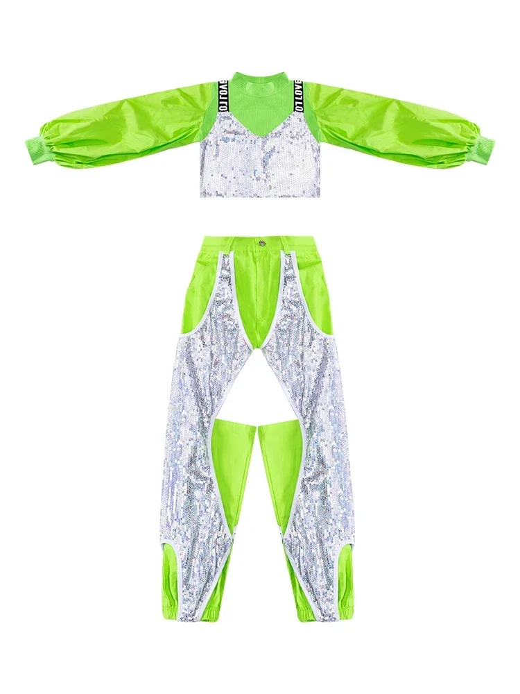 Girls Hip Hop Dancing Clothing Kid Sequins Stitching Green Jazz Costumes Performance Dancewear Street Dance Stage Clothes Outfit