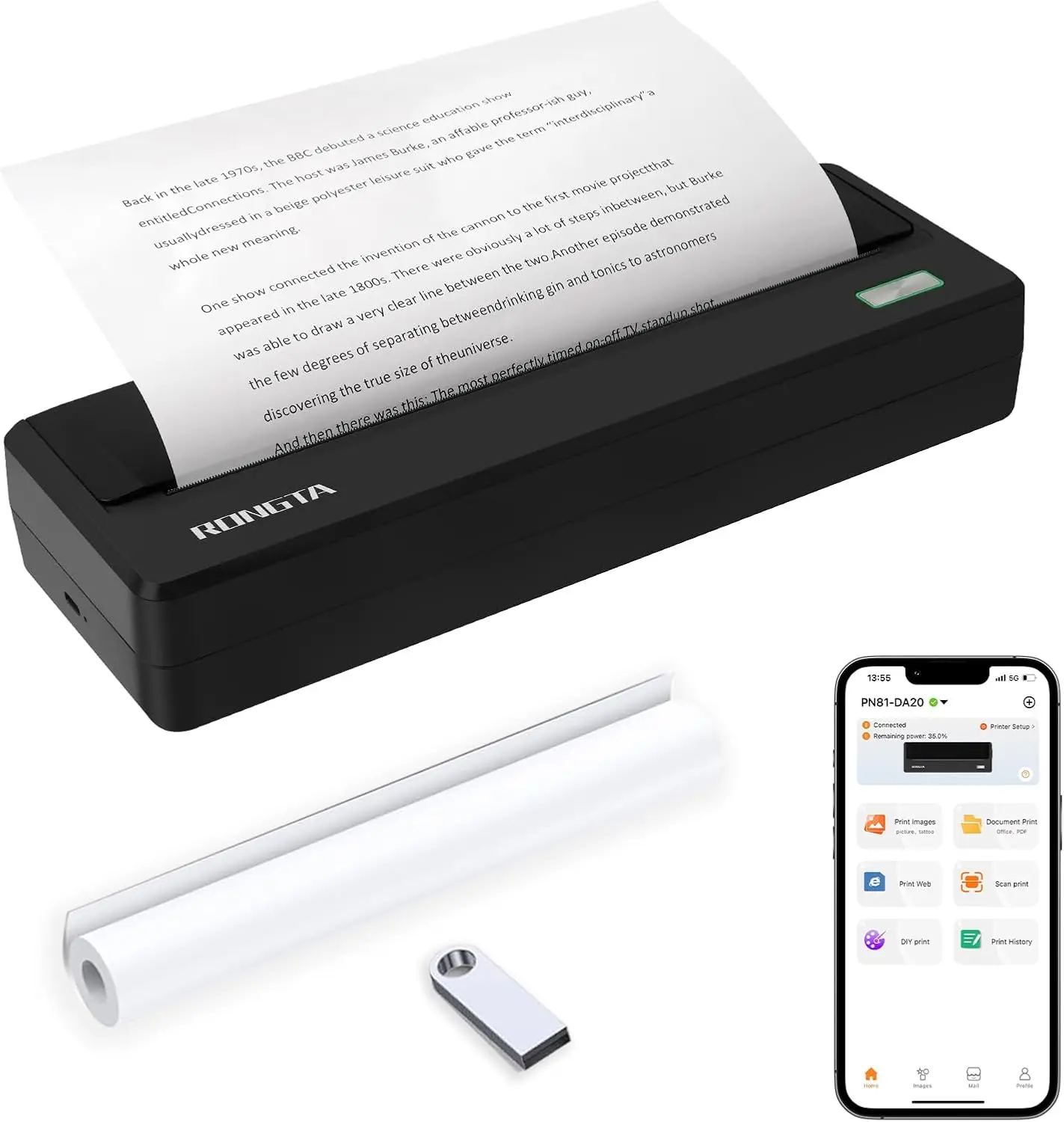 Portable Wireless Bluetooth Thermal Printer, 300DPI, Supports 8.5' x 11' Letter Size, Compatible with Android, iOS, Laptop