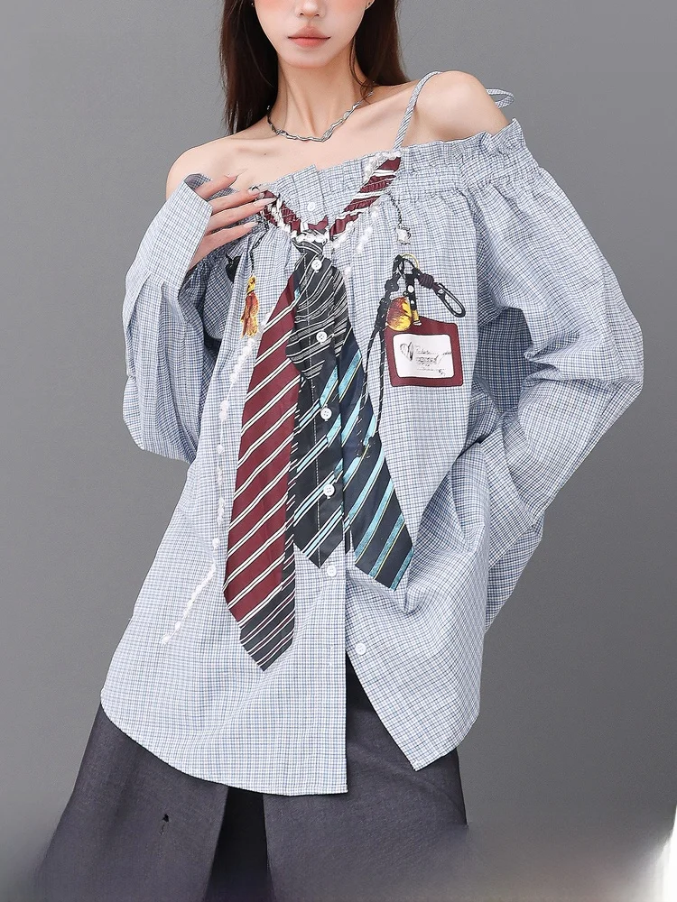 

Loose Long Sve One oulder Print irt for Women Summer Sexy Girl Sle Blue Netie Casual Faion Ladies' Blouse