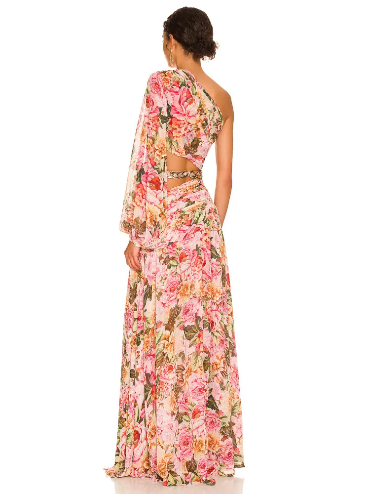 New Women Summer Dress 2023 Sexy Long Sleeve One Shoulder Floral Long Chiffon Maxi Dress Elegant Split Evening Party Dress