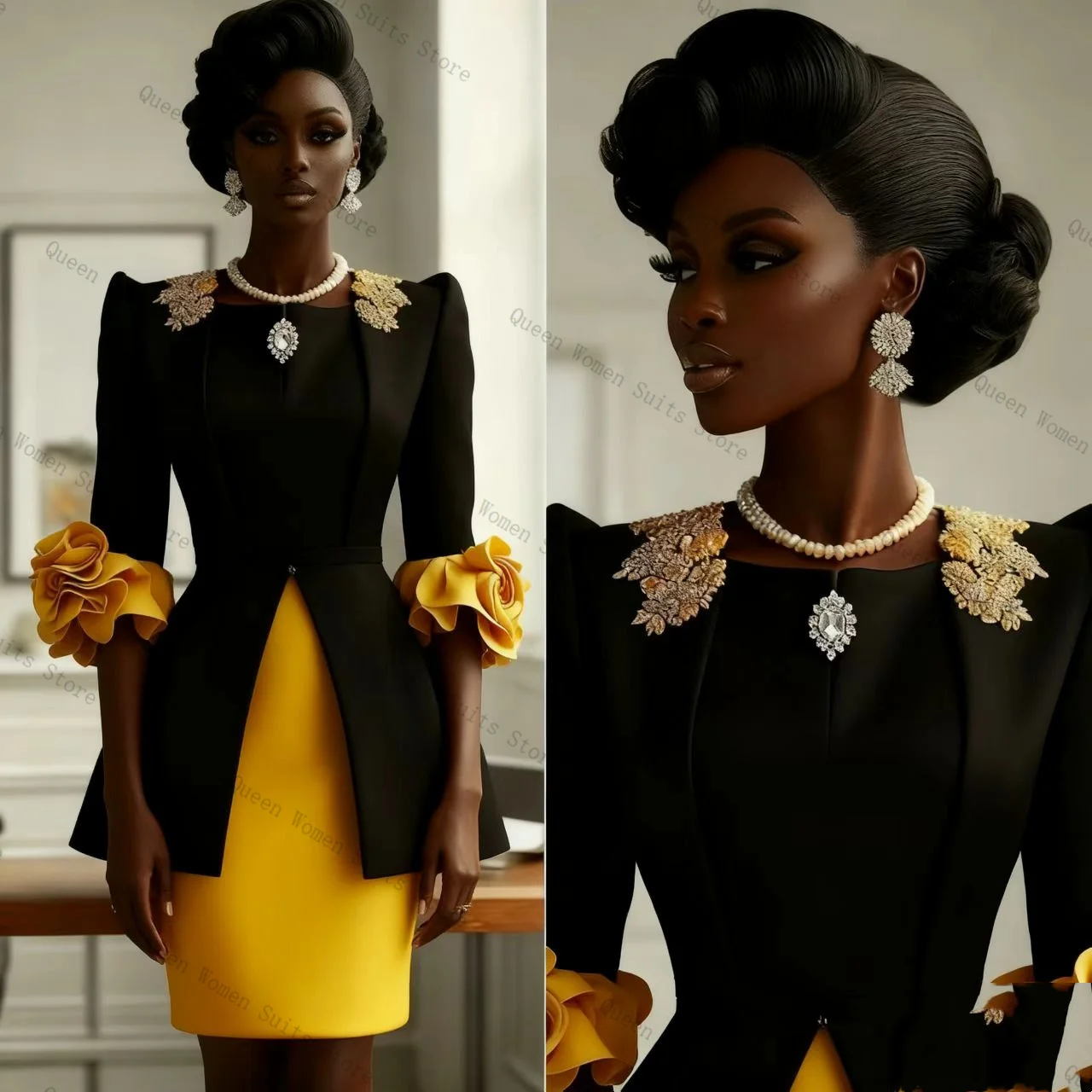 

Yellow Black Women Suit Skirt Set 2 Pcs Blazer+Short Mini Prom Dress Cotton Formal Office Lady Jacket Wedding Coat Customized