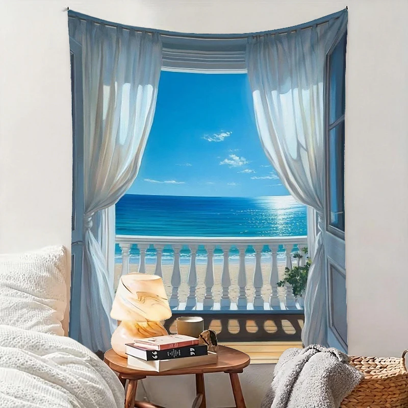1PC White Curtain Sea Art Print Backdrop Banner, Bedroom Living Room Photo Background, Polyester, Home Decor, Wall Art