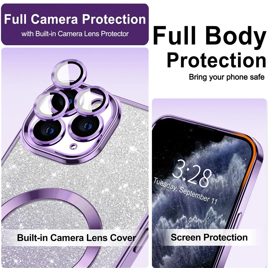 Gradient Glitter Case For iPhone 16 15 14 13 12 11 Pro Max Plus Shockproof Bling Soft Bumper Magsafe Magnetic Wireless Cover