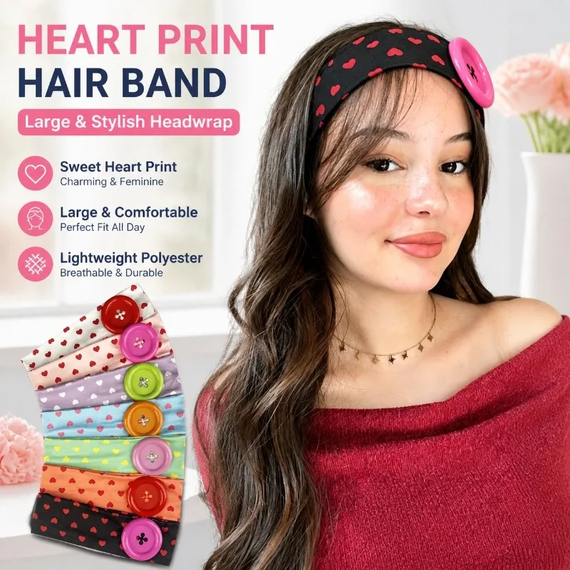 

Heart Print Headband for Women Big Button Decor Elastic Hair Band Wide Turban Headwrap Sweet Hair Accessories Fashion Headwear