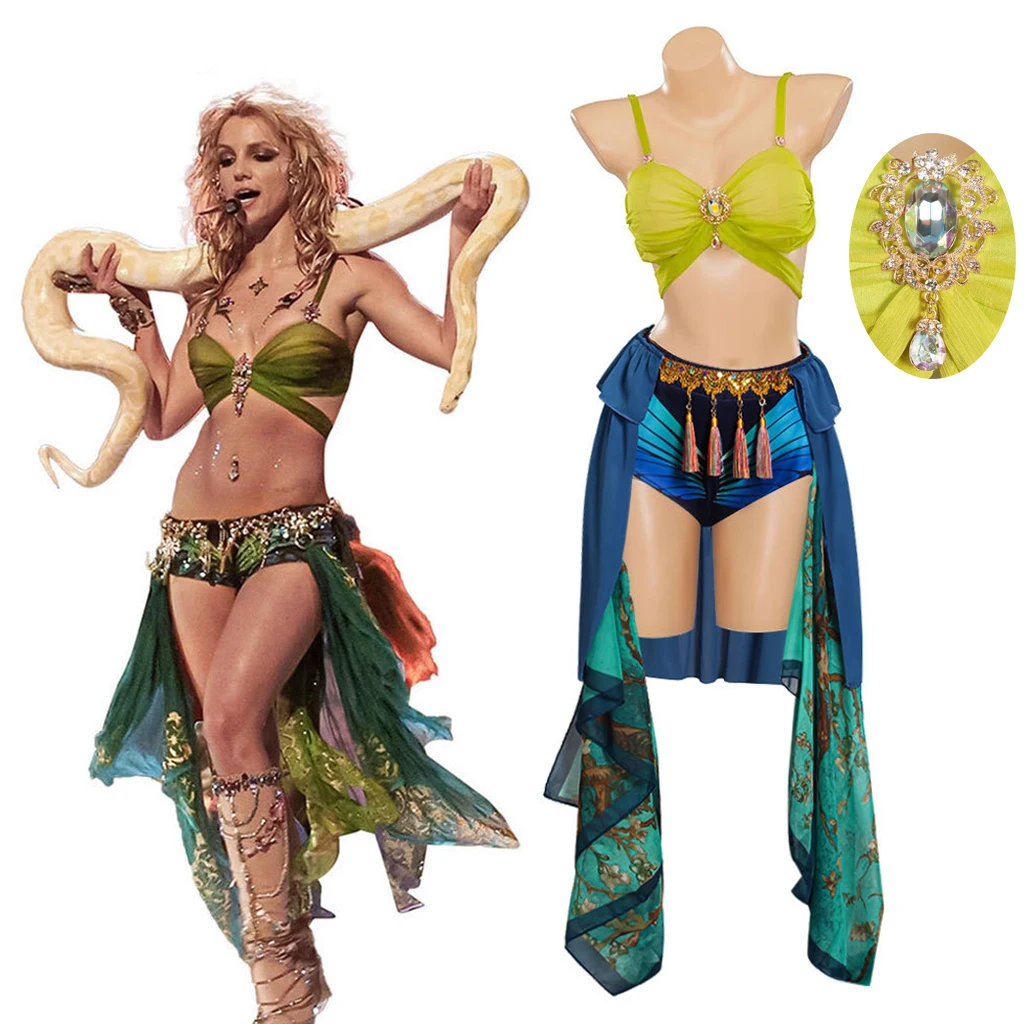

Britney Cosplay Spears Slave Costume Blue Dance with Snake Dress Costume Stage Performance Fancy Halloween Carnival Party Suit