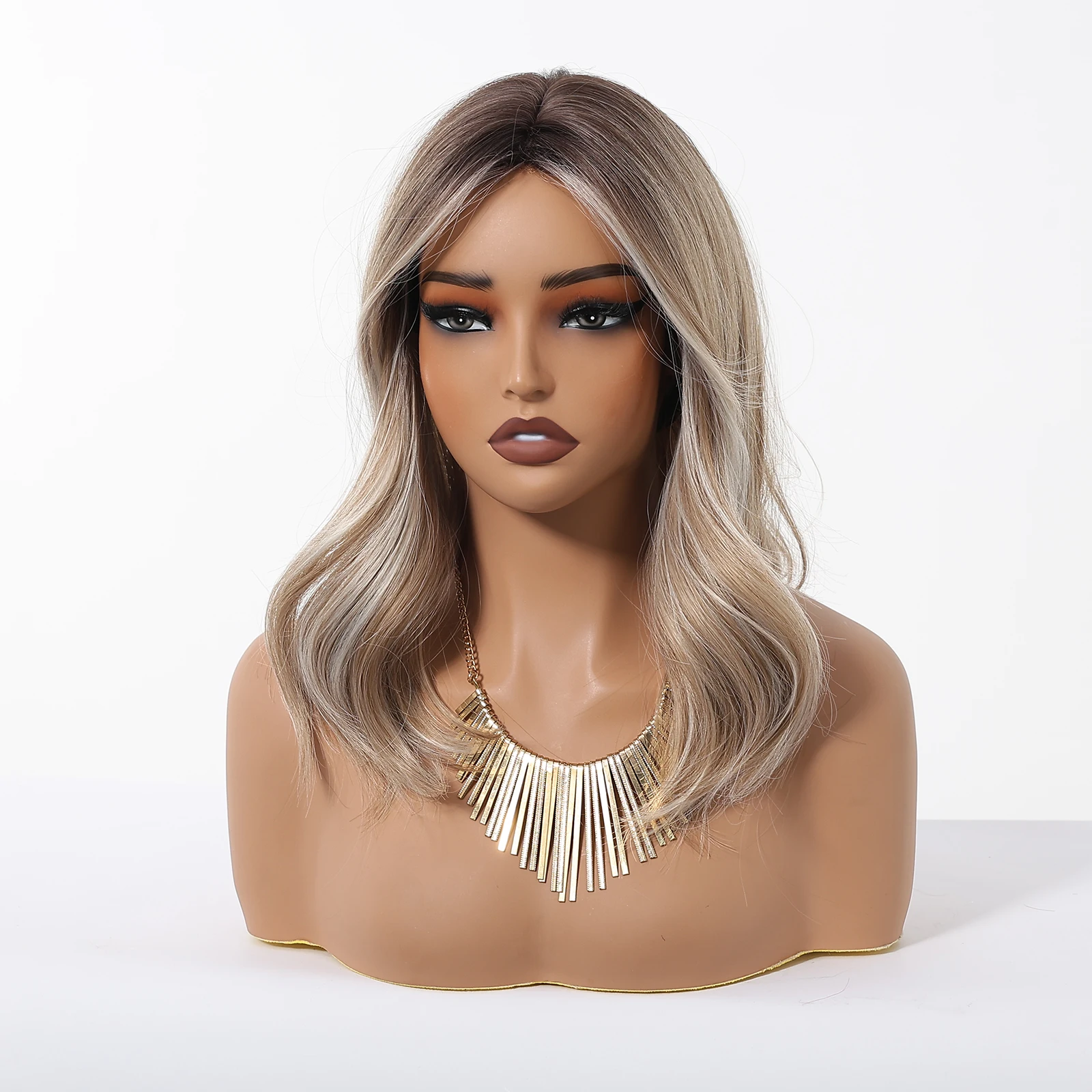 Blonde Brown Highlights Wigs Medium Length Natural Wavy Wig Middle Part Synthetic Hair Heat Resistant For Women Daily Cosplay image 3
