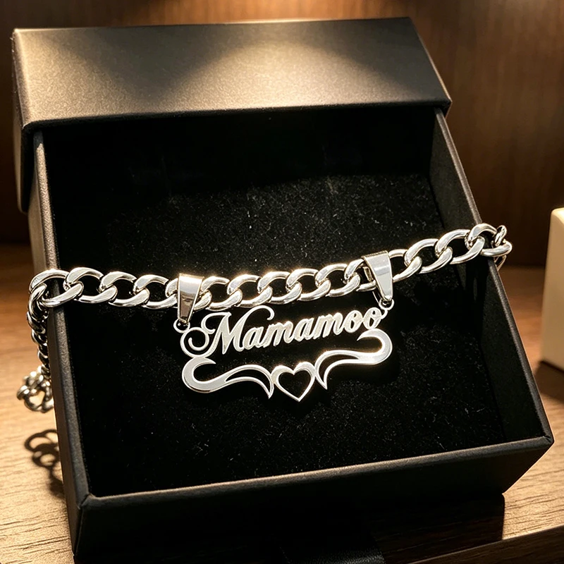 Punk Cuban Link Chain Custom Name Pendant Necklace Stainless Steel Heart Nameplate Personalized Choker Necklace Jewelry Gift