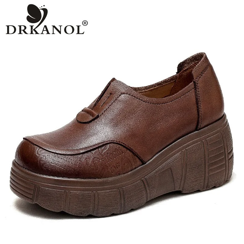 

DRKANOL Spring Autumn Women Wedges Heel Loafers Shoes Women Genuine Cow Leather Chunky Platform Slip On Casual Loafers Retro