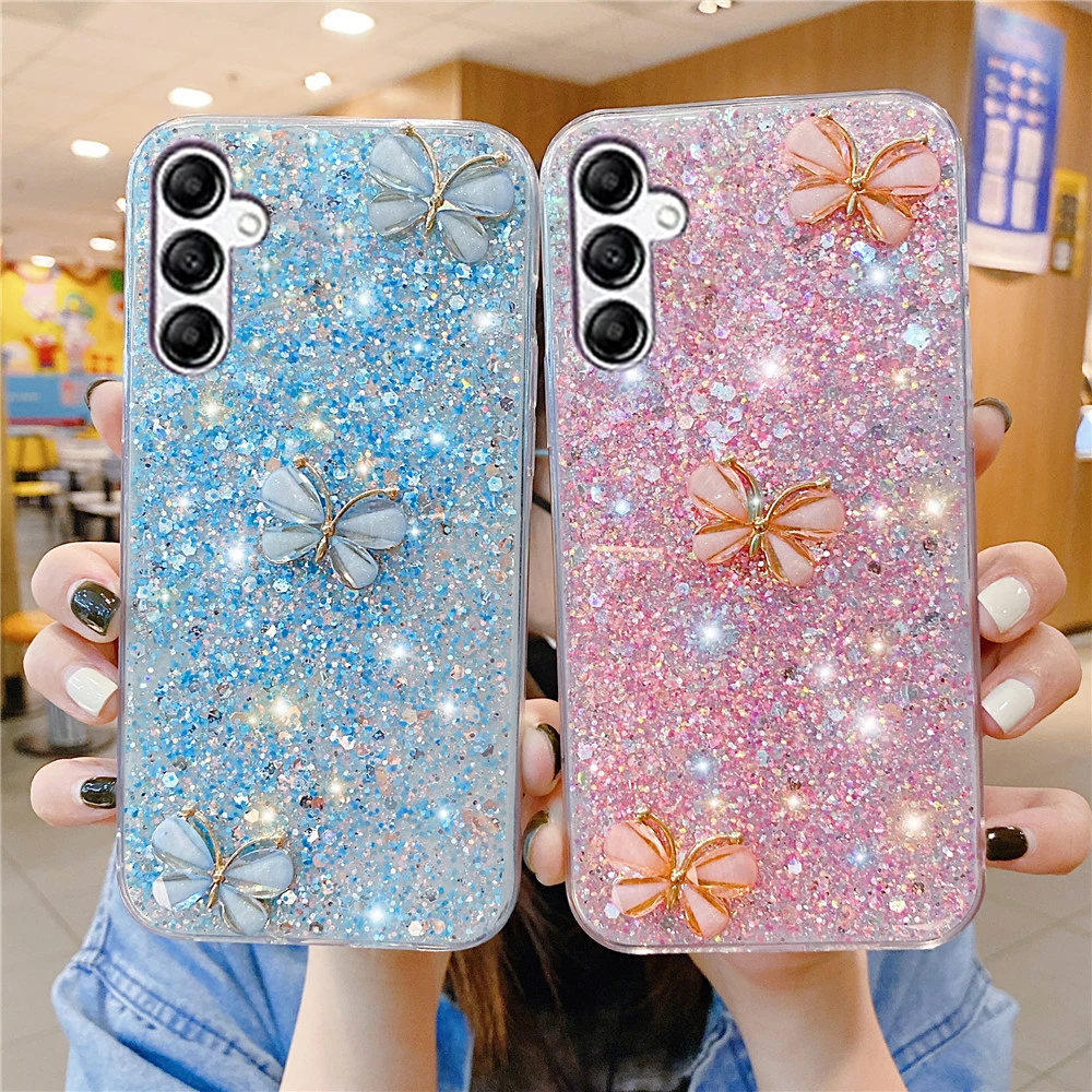 3D Butterfly Bling Glitter Case For Samsung Galaxy A55 A35 A15 A05S A25 5G A24 A34 A54 A14 A13 A23 A33 A53 A12 A32 A52 A72 Cover