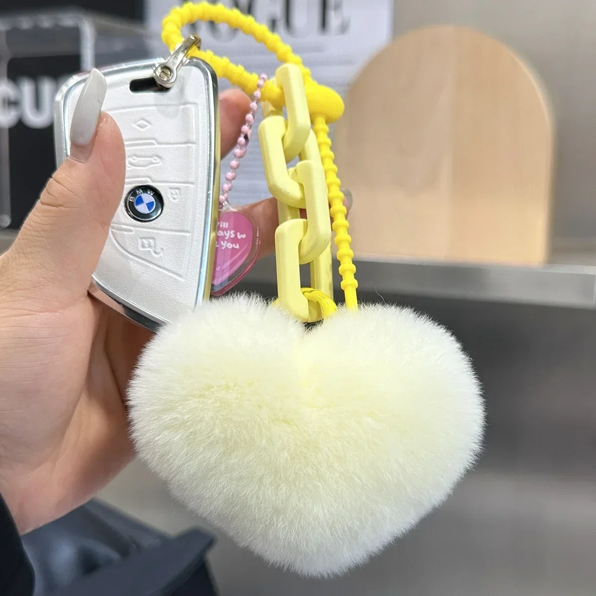 Cute Heart Bag Charm Natural Rex Rabbit Fur Keychain for Women Real Fur Pom Pom Key Ring on Bag Car Key Pendant