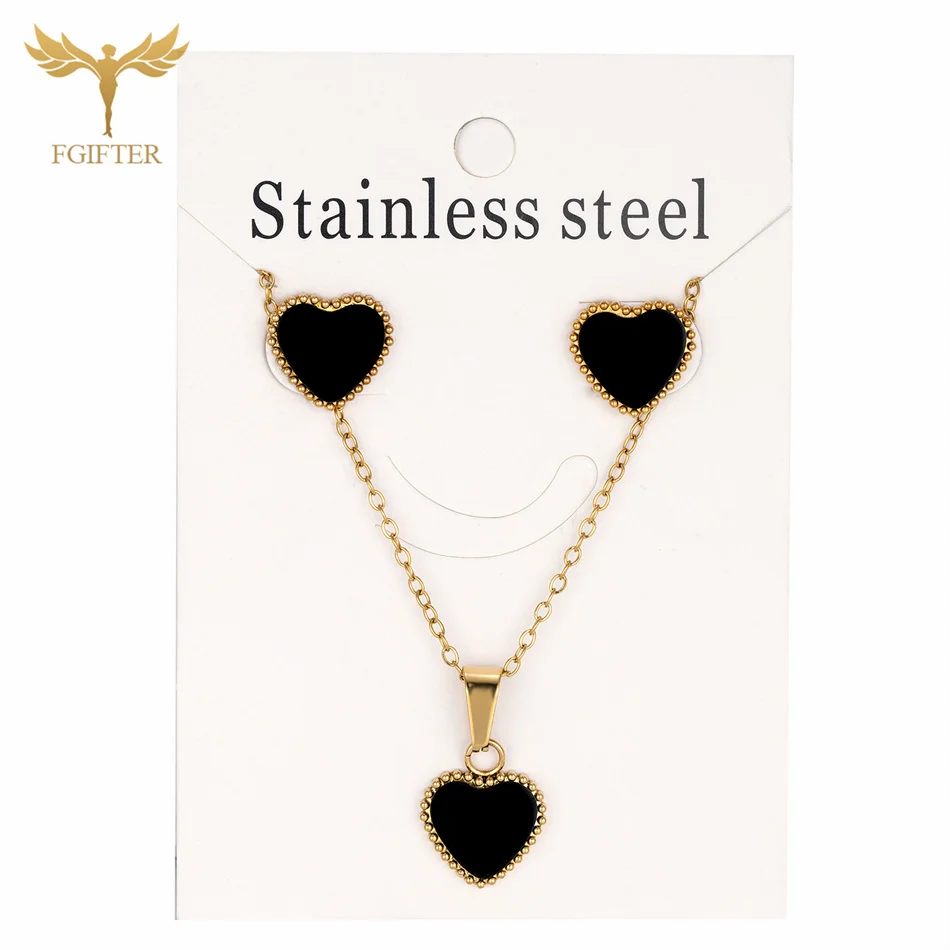 Fashion Women Jewelry Set Wedding Engagement Gifts Golden Stainless Steel Heart Earrings Pendant Necklace High Quality Plated