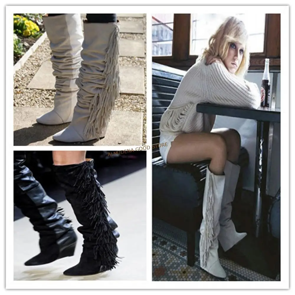 ALMUDENA Women Knee High Suede Fringe Boots Black White Wedged Tall Boots Brand Fashion Women Motorcycle Tassel Boots Dropship