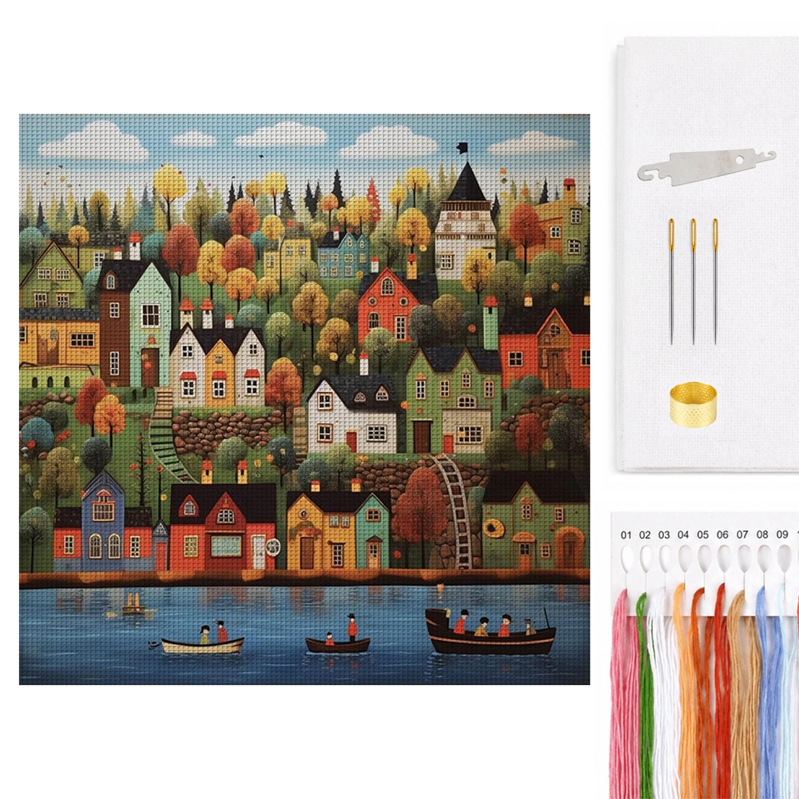 Colorful Houses 14CT 2 Strands DIY Counted Embroidery Needlepoint Starter Kits Cross Stitch Art and Crafts Kits 19.50x19.50in