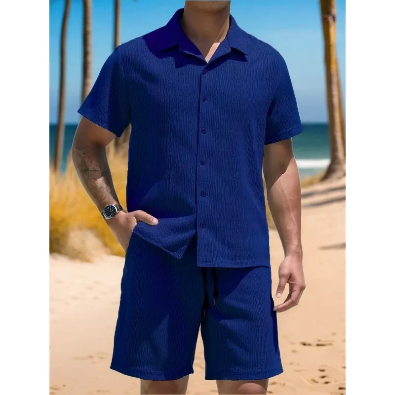 

Мужской комплект из 2 предметов: текстурированная рубашка с пуговицами и шорты на шнурке, повседневный летний пляжный наряд в различных цветах