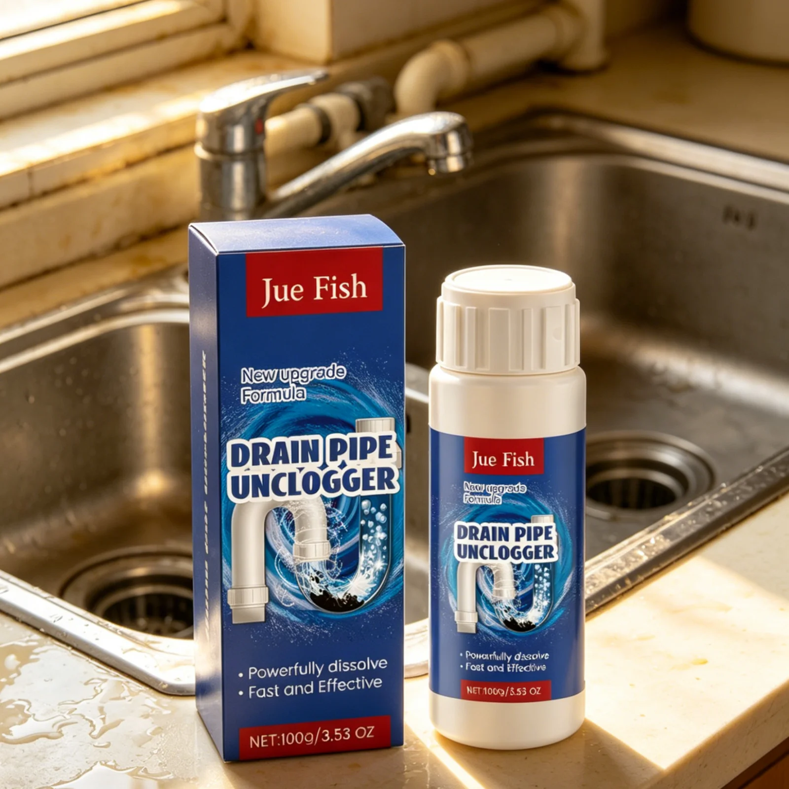 Jue Fish Drain Cleaner Odor Eliminator Deodorize Grease Dissolver Effective Decontamination Household Powerful Sink Cleaner 100g