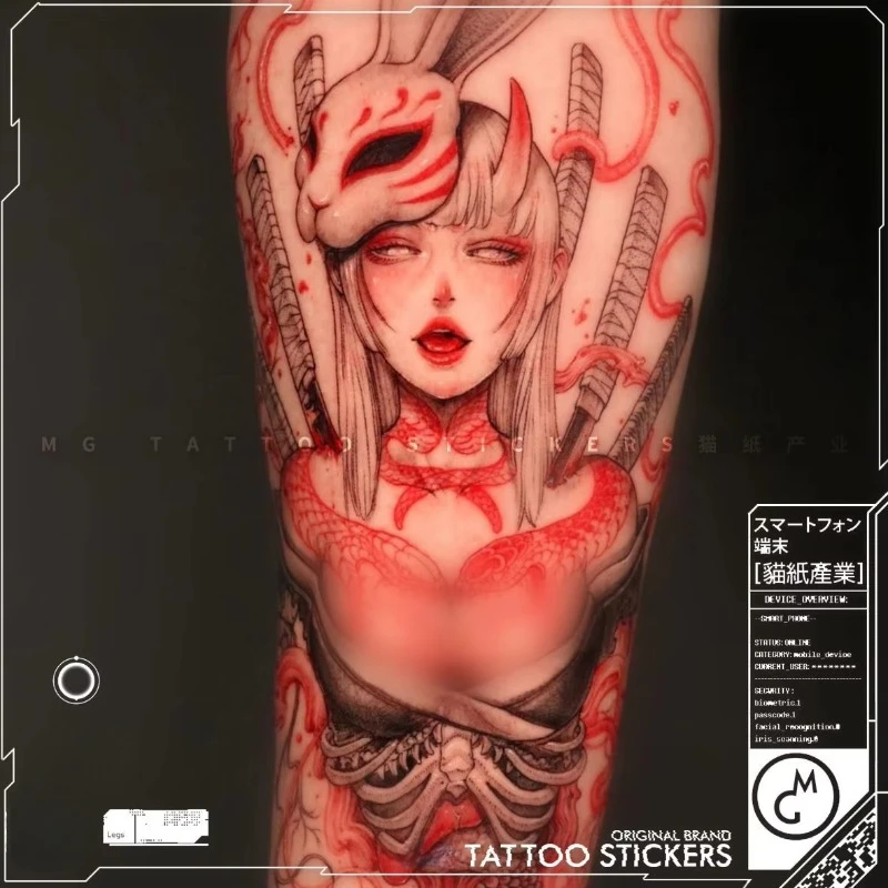 Japanese Geisha Tattoo Sticker Lasting Fake Tattoo for Woman Man Arm Sexy Art Temporary Tattoo Rabbit Mask Waterproof Tatuajes