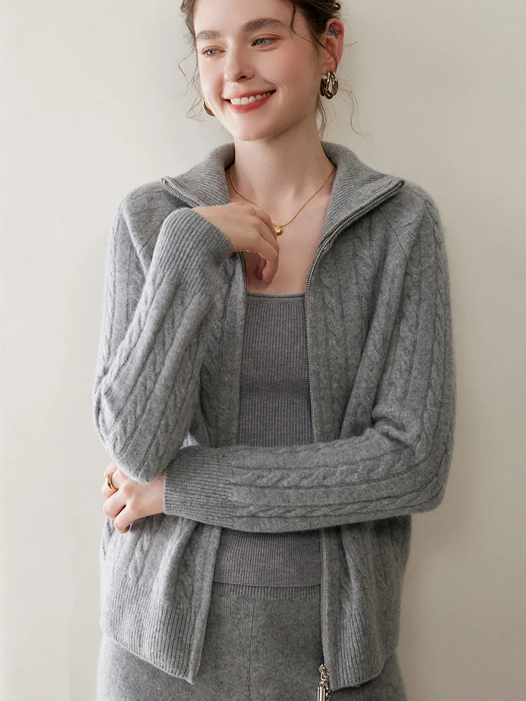 Sweter damski LOML ze 100% kaszmiru, rozpinany na podwójny zamek, golf, gruby sweter-płaszcz, miękki, dzianinowy w warkocze, wygodny top na jesień i zimę.