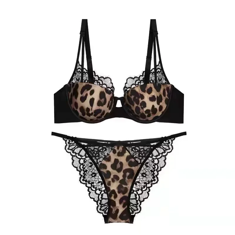 Fashion Leopard Print Lace Bra Set Soft Underwire Pull Up Thin Molded Cup French Style Comfortable Dating Night Wear For Women