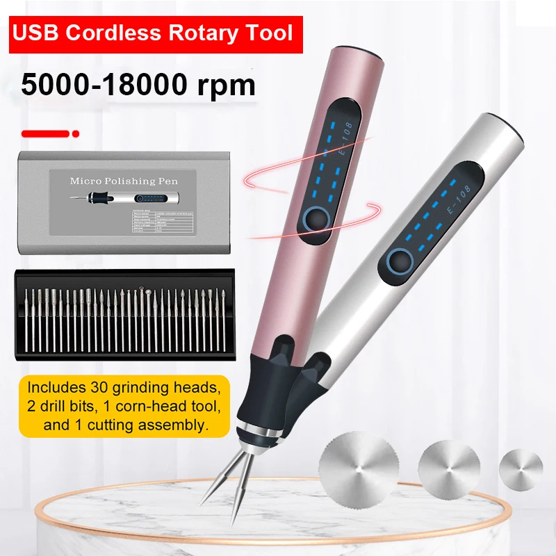 

5000-18000rpm USB Cordless Rotary Tool Kit Woodworking Engraving Pen DIY for Jewelry Metal Glass Mini Wireless Drill 30Pcs Heads