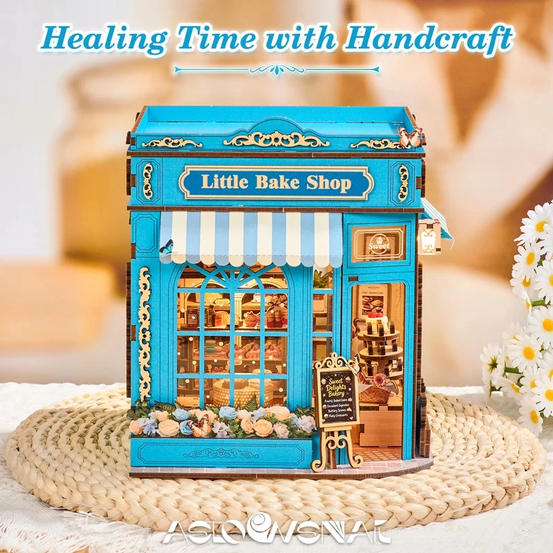 DIY Miniature Dollhouse Kit Little Bake Shop Wooden 3D Model with LED Light Handmade Craft Gift for Adults Kids Home Decor