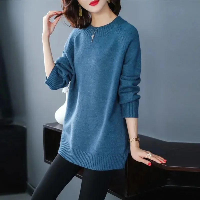 

Autumn Winter Female Round Neck Short Knitting Ladies Mid Length Version Pullover Sweater Women Versatile Loose Fitting Knitwear