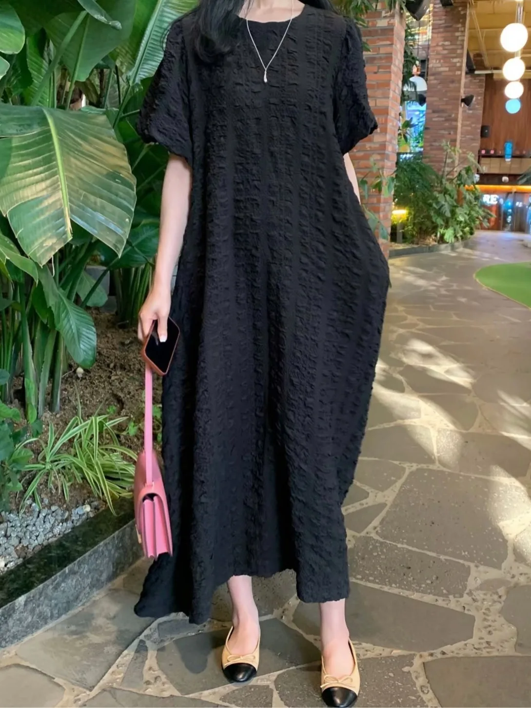 Vestido F Novo Estilo de Verão, Solto, Manga Bufante, Longo, Branco, Textura Amassada, Estilo Casual para Primavera e ...