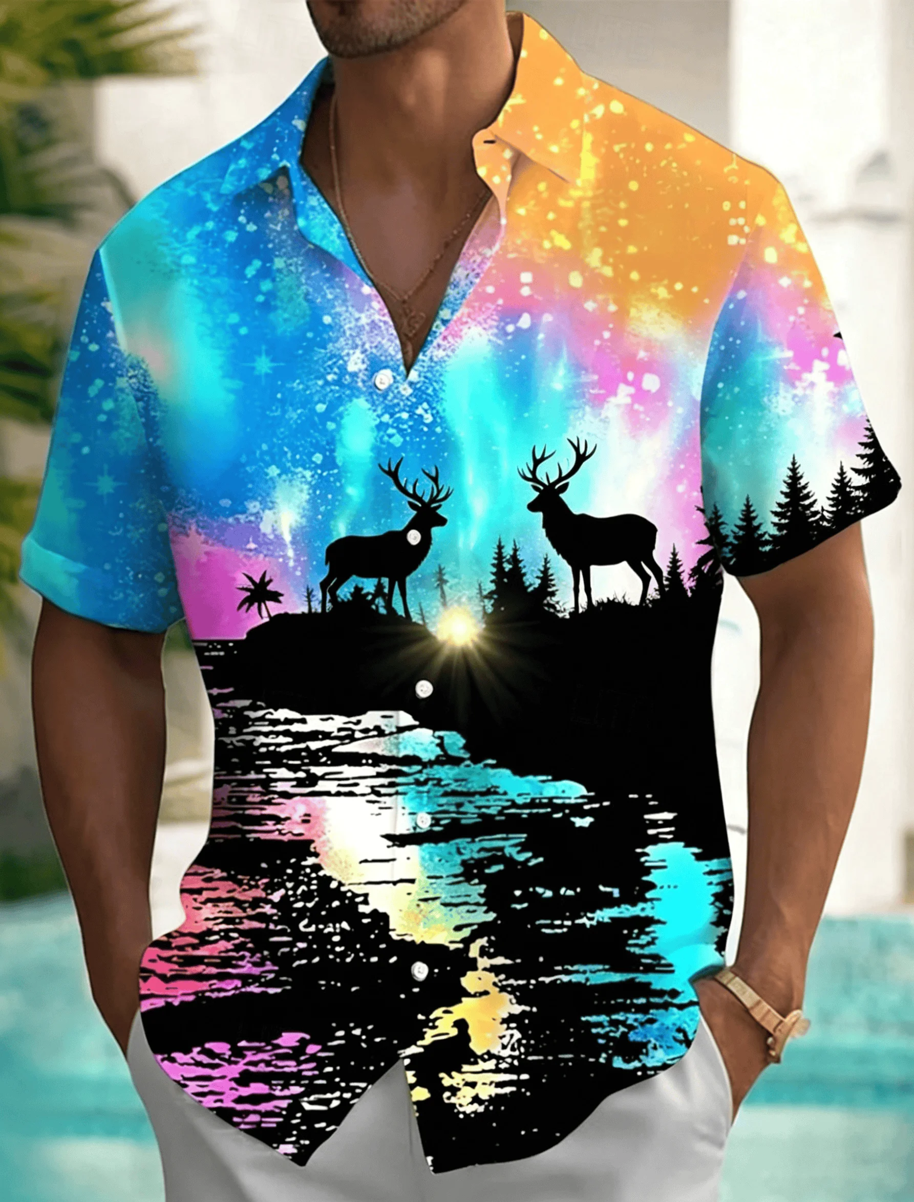

Men's Galaxy Forest Deer Print Short Sleeve Shirt, Casual Bohemian Button Down Shirt for Summer Vacation