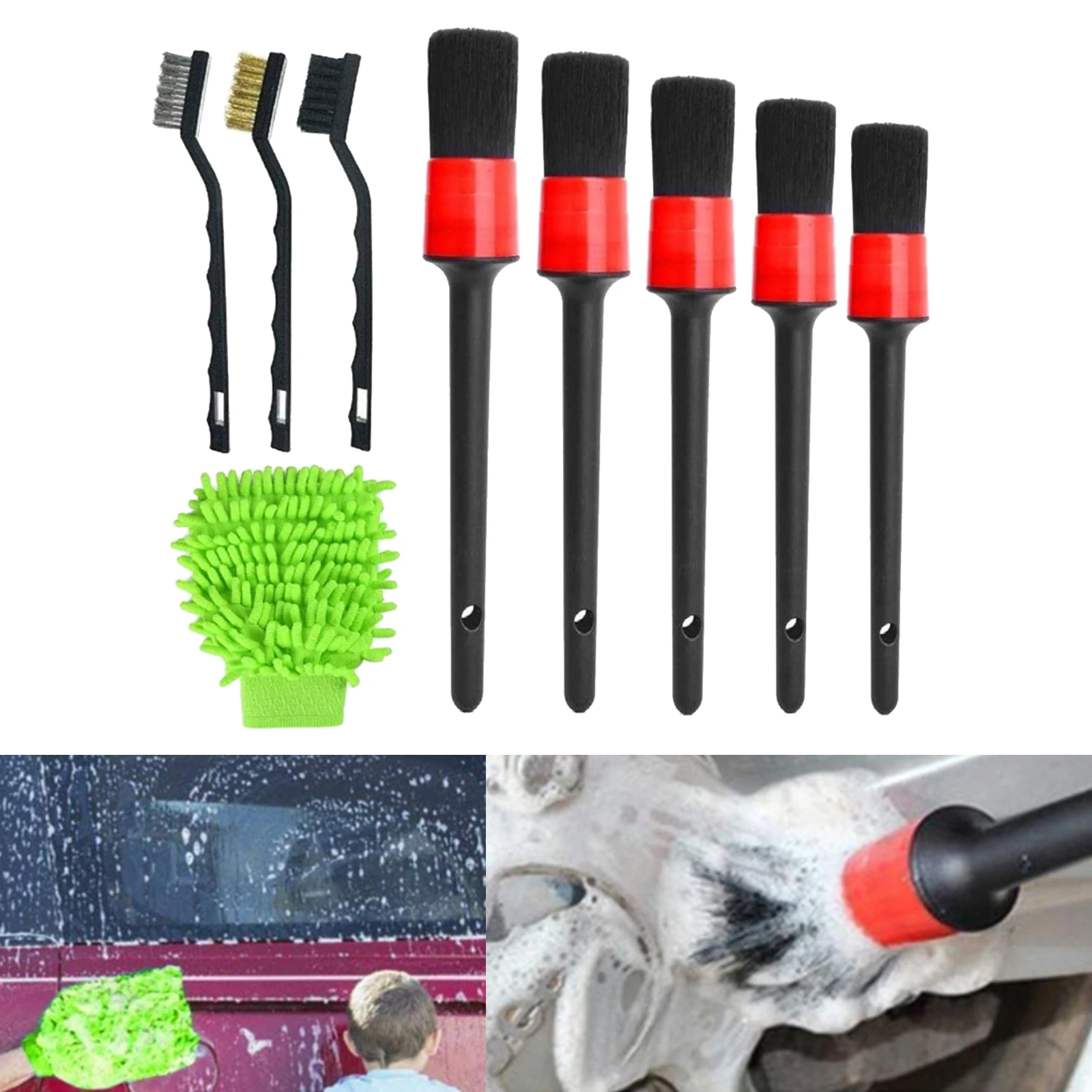 

9pcs Car Detailing Brushes Cleaning Brush Set Auto Detailing Brush Wire Brush Gloves for Car Leather Air Vents Rim Cleaning