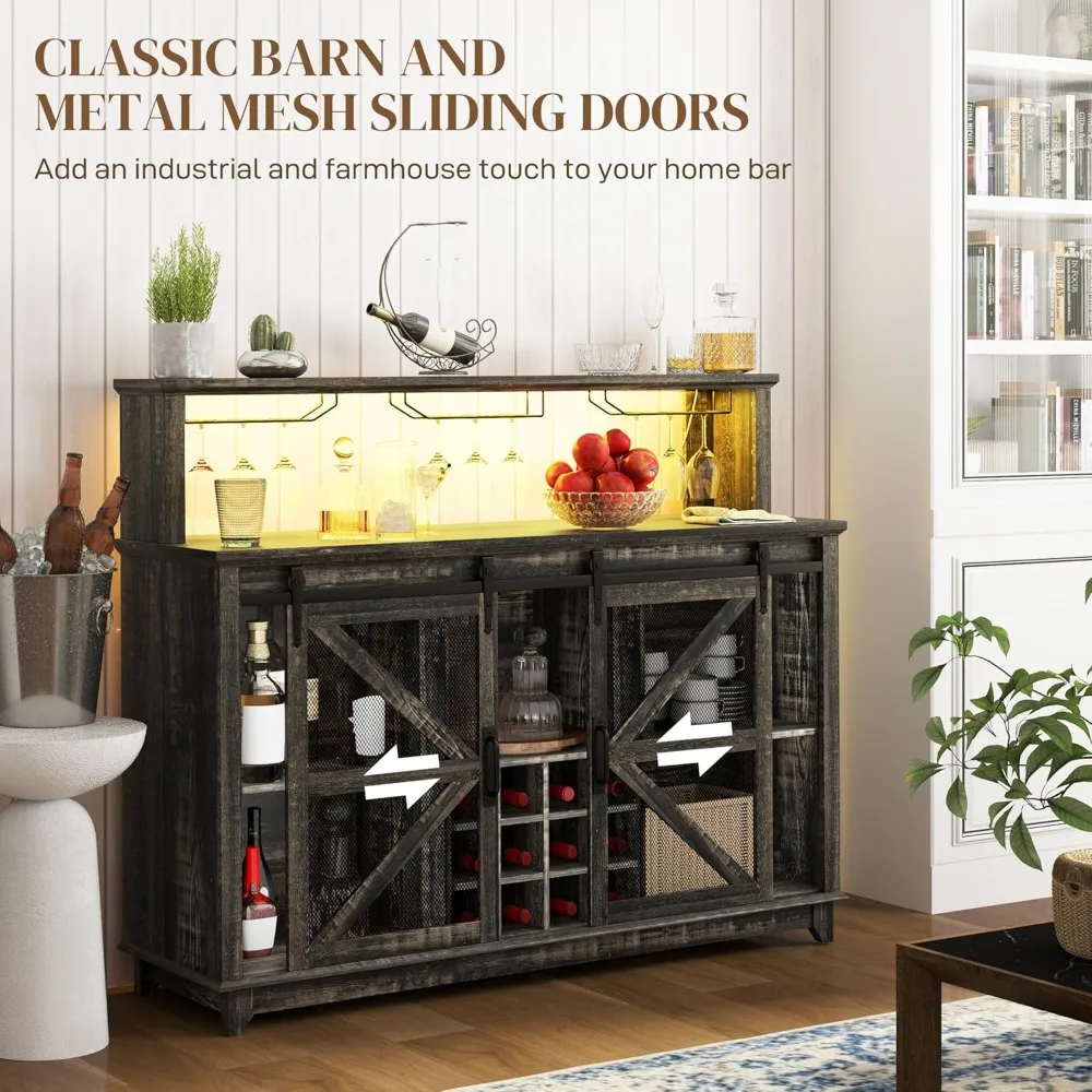 خزانة بار القهوة والنبيذ على طراز المزرعة مع إضاءة LED ورف 12 زجاجة وحامل زجاجي