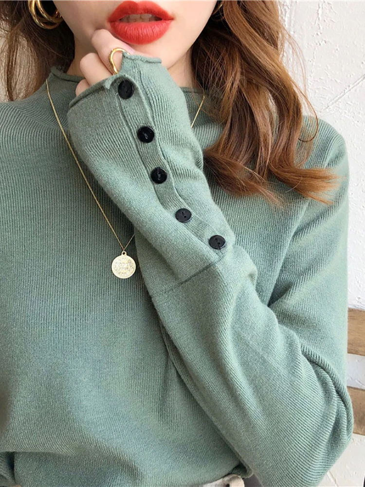 Suéter de punto para mujer, Jersey grueso de manga larga con cuello alto y botones, suave y cálido, otoño e invierno, 2024