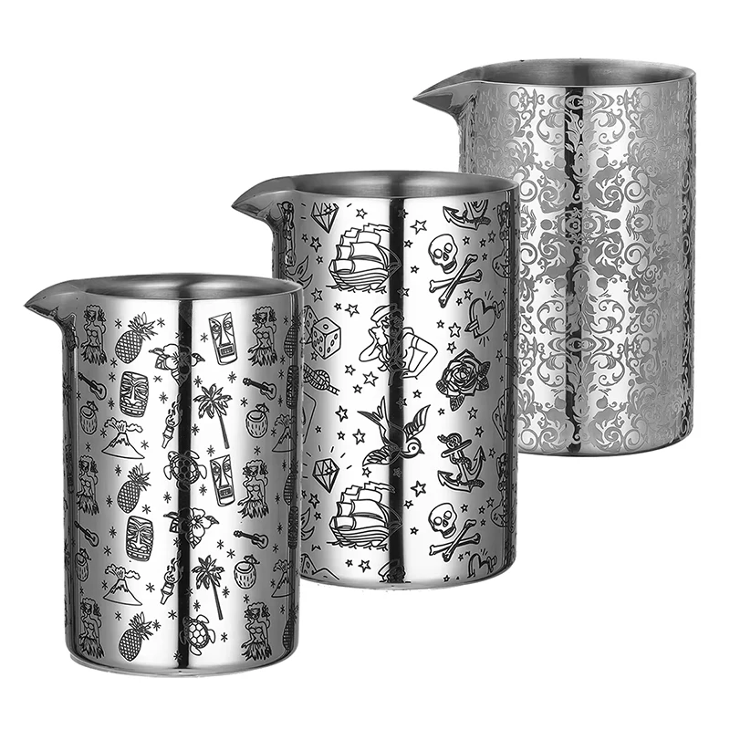 Kieliszek do mieszania koktajli z podwójnymi ściankami, z wygrawerowanym wzorem, 10 uncji. (580 ml), Stal nierdzewna)