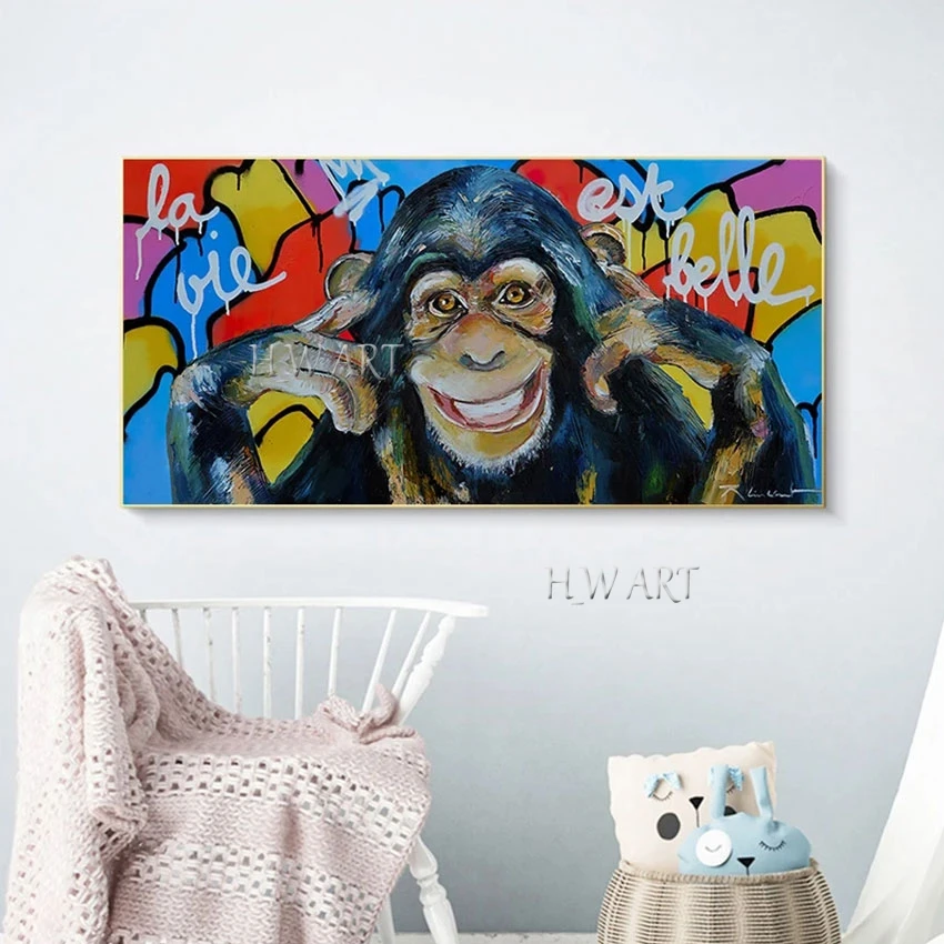 Modern 3D Orangutan Hand Drawing, Canvas Abstract Cartoon Picture, Frameless Acrylic Decoration Painting, Animal Smile Art Wall