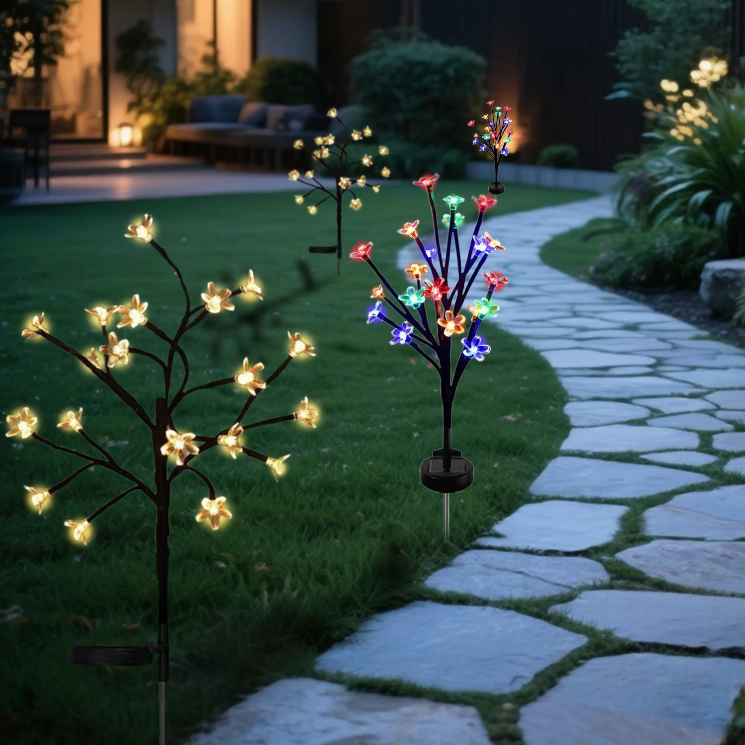 1 PC Solar Flower Pathway Lights Outdoor Sakura Tree Lighting 8 Modes Flush Mount Non-Detachable for Garden Lawn Patio Walkway