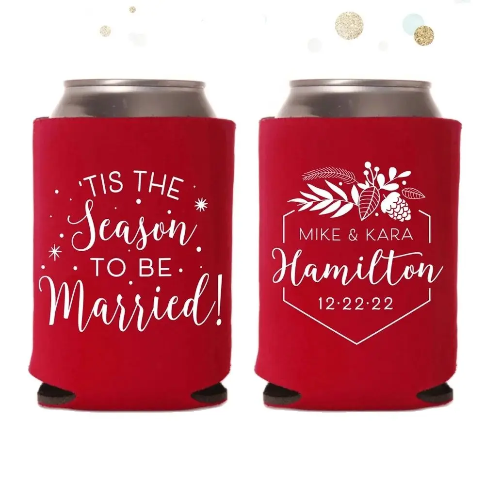 Tis The Season - Wedding Can Cooler #184R - Custom - Holiday Wedding Favors, Christmas Wedding, Beer Huggers, Wedding Favor, Bee