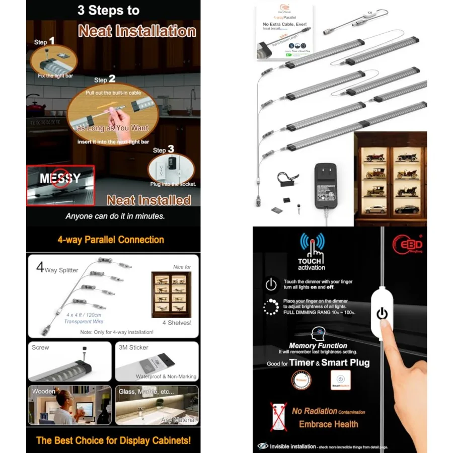 

LED Shelf Lights for Bookshelf"Splitter Parallel Under Cabinet Lighting Built-in Adjustable Cable Kitchen Counter Lights Bar Di